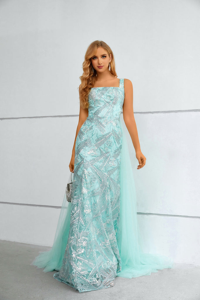 Square Straps Sleeveless Lace Long Prom Dress