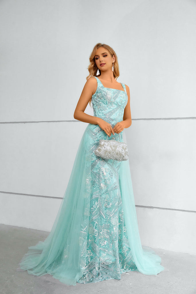 Square Straps Sleeveless Lace Long Prom Dress