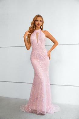 Pink Mermaid Halter Sleeveless Lace Long Prom Dress