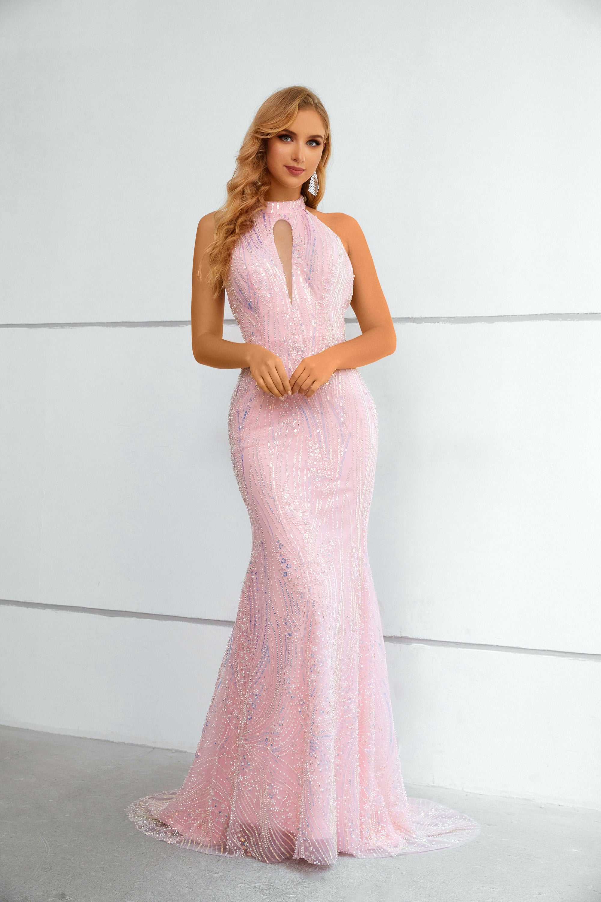 Pink Mermaid Halter Sleeveless Lace Long Prom Dress