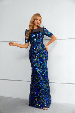 Mermaid Short-Sleeves Long Prom Dress With Sequins