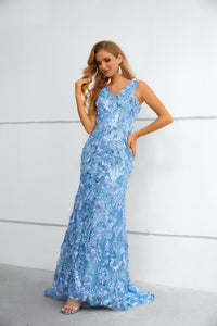 Blue V-Neck Straps Sleeveless Lace Long Prom Dress