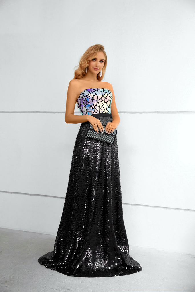 A-Line Strapless Sleeveless Long Prom Dress With Sequins