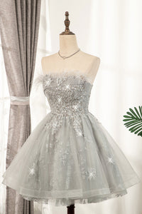 Silver A-Line Short Prom Dress Feather Dress Sleeveless Homecoming Dress