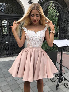 Cute Lace Bodice Straps Satin Short Prom Dress Homecoming Dress