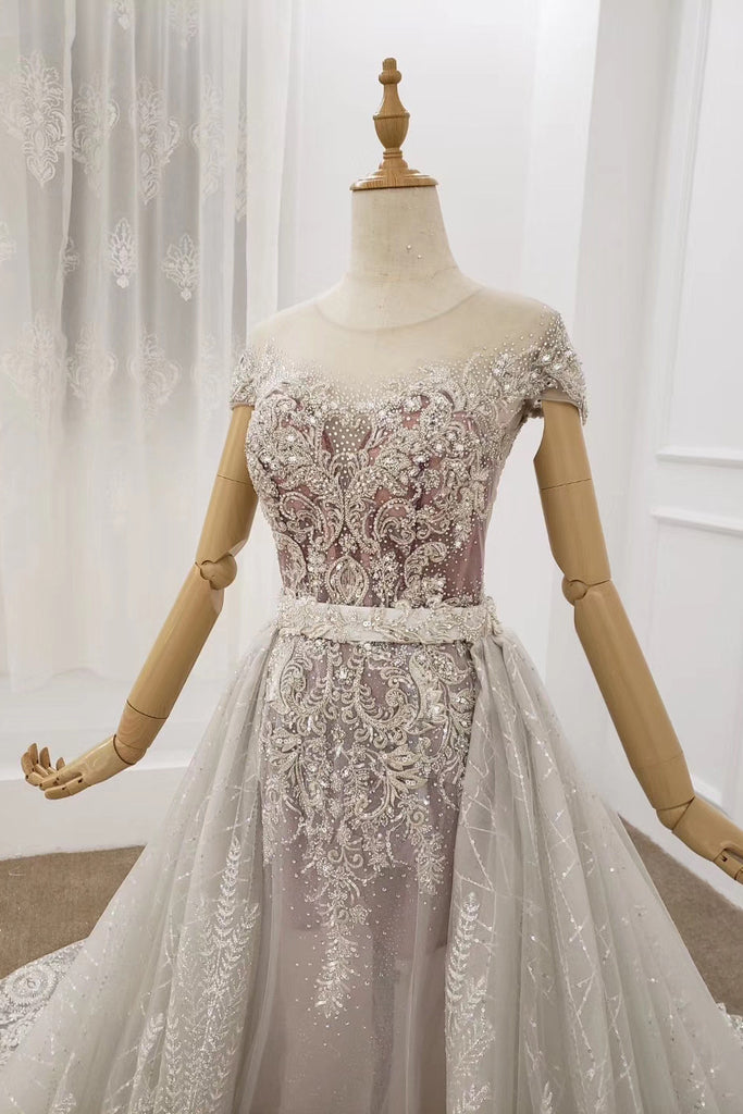 Cap Sleeves Sheer Neckline Beaded Formal Dresses With Detachable Train PO327