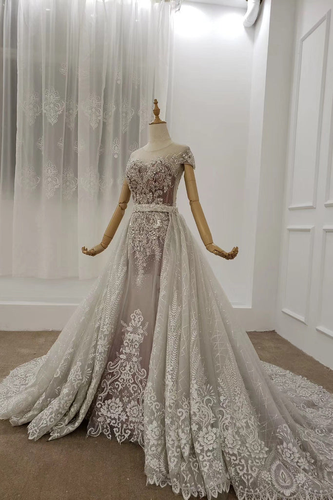 Cap Sleeves Sheer Neckline Beaded Formal Dresses With Detachable Train PO327