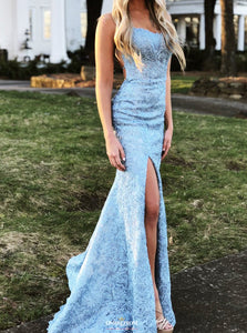 Mermaid Backless Blue Prom Dress Lace Appliques Evening Gown OP512