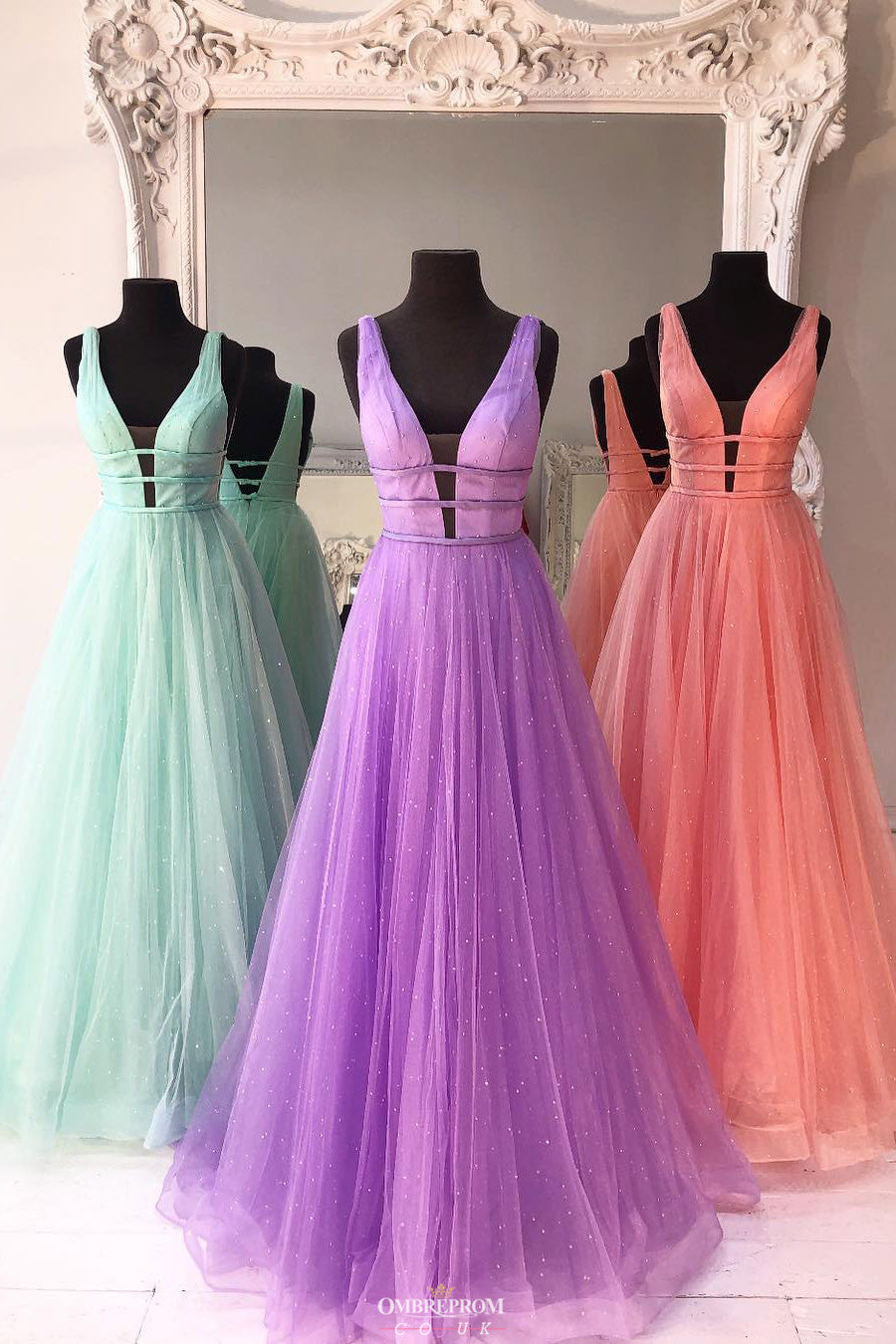 New Deep V-Neck Solid Tulle A-line Long Prom Dress With Beading OP547