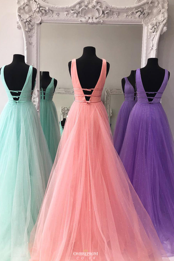 New Deep V-Neck Solid Tulle A-line Long Prom Dress With Beading OP547