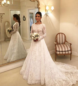Modest Elegant Lace Long Sleeves Chapel trailing Wedding Dress PO907