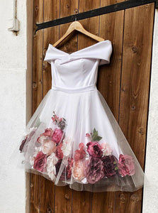 White Off Shoulder 3D Floral Short Prom Homecoming Dresses OM474