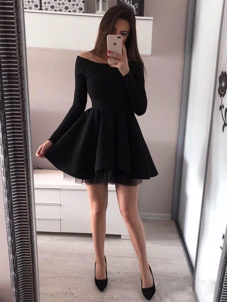 Long Sleeve Black Homecoming Dresses Off Shoulder Short Prom Dress OM484