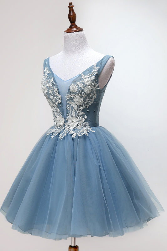 Princess Dusty Blue Floral Homecoming Dress, Cute Short Graduation Dress OM465