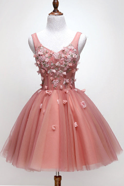 Chic Floral Appliques Sweet 16 Dress, A-line V-neck Peach Homecoming Dress OM466