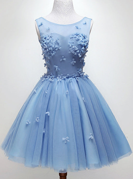 Handmade Bow Light Blue Homecoming Dress, Tulle Graduation Dress OM9689