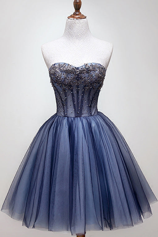 Sweetheart Beading Blue Homecoming Dress, Tulle Short Graduation Dress OM469