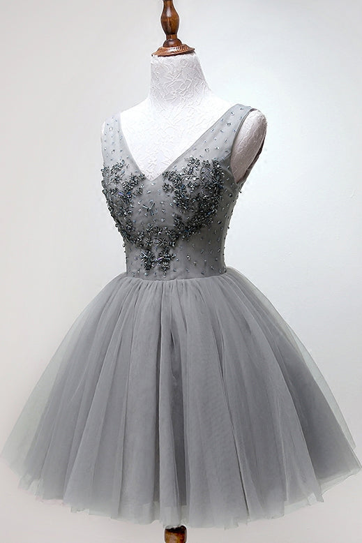V-neck Beading Silver Short Prom Homecoming Dress Tulle Dance Dress OM470