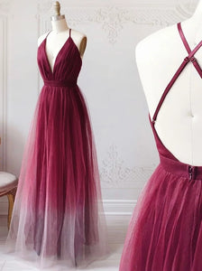 Burgundy V-neck Tulle Ombre Long Prom Dresses Backless Evening Dress PO263