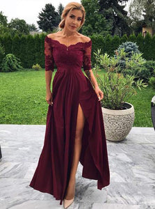 Off-Shoulder Burgundy Prom Dress Half Sleeves A-line Party Gown With Slit OP599