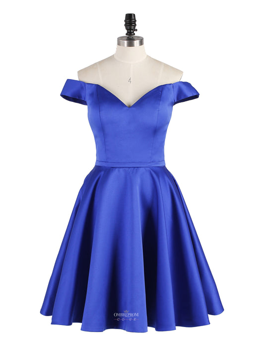 A-line Royal Blue Off-Shoulder Sweetheart Satin Short Prom Party Dress OP164