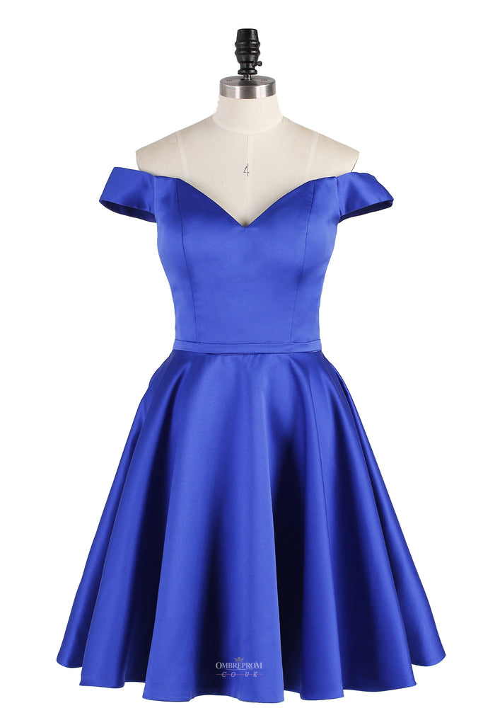 A-line Royal Blue Off-Shoulder Sweetheart Satin Short Prom Party Dress OP164