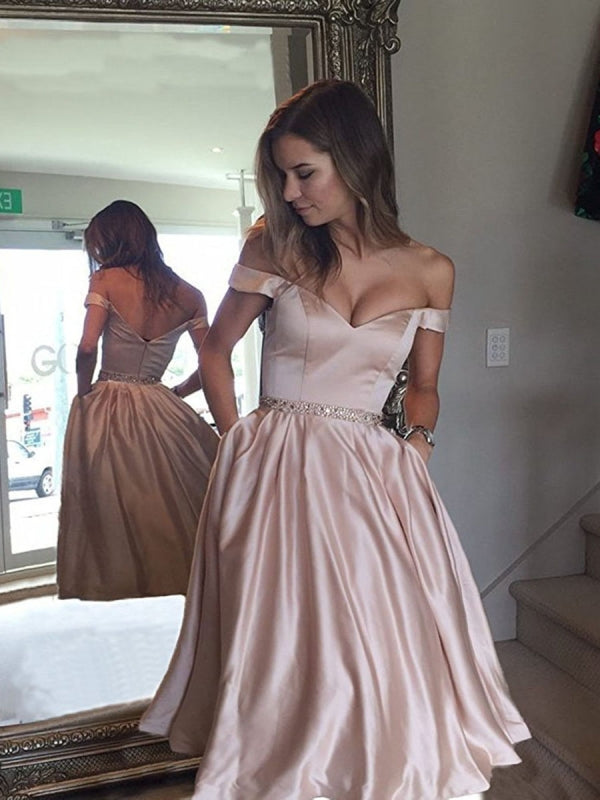 Off The Shoulder Beaded Satin Short Prom Dress With Pocket Homecoming Dress UK OP198