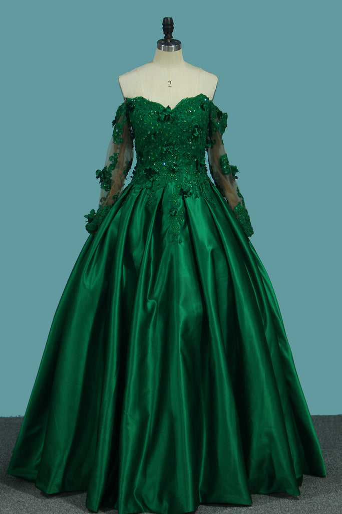 Quinceanera Green Off The Shoulder Long Sleeves Prom Dress