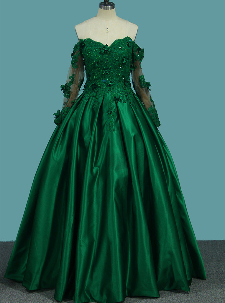 Quinceanera Green Off The Shoulder Long Sleeves Prom Dress