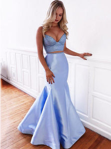 Princess Mermaid Baby Blue Long Prom Dress Two Pieces Graduation Dress OP554