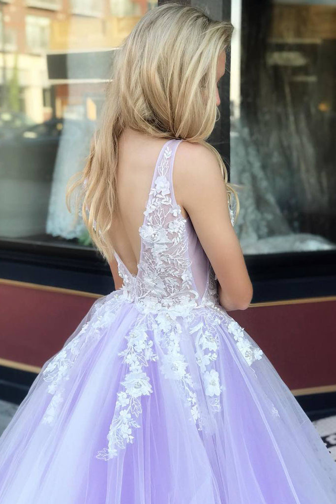 Princess Prom Dress 3D Floral Appliques Tulle V-Neck Sweet 16 Dress OP609