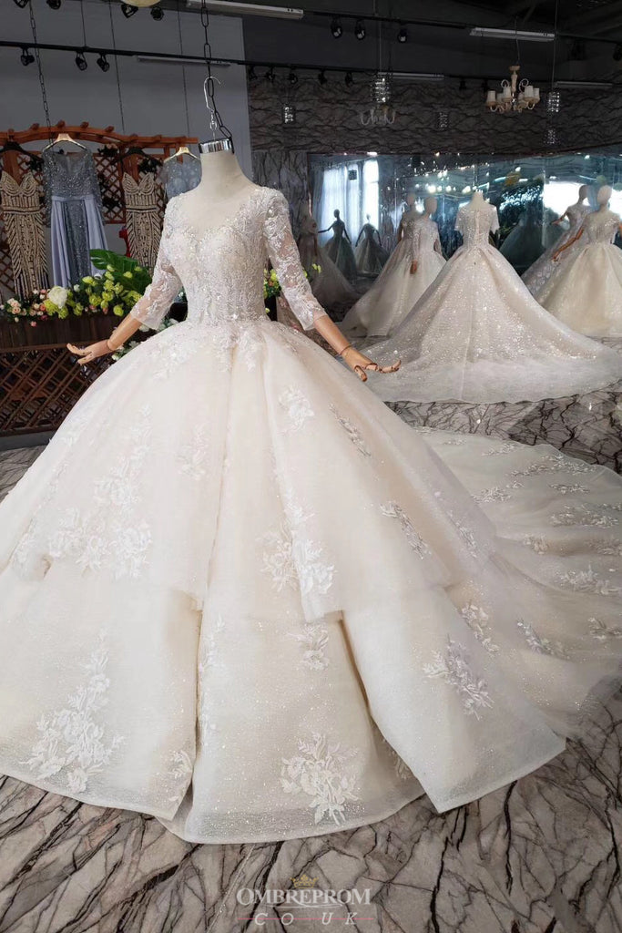Princess Sheer Neckline Appliques Wedding Dress With 3/4 Sleeves OW409