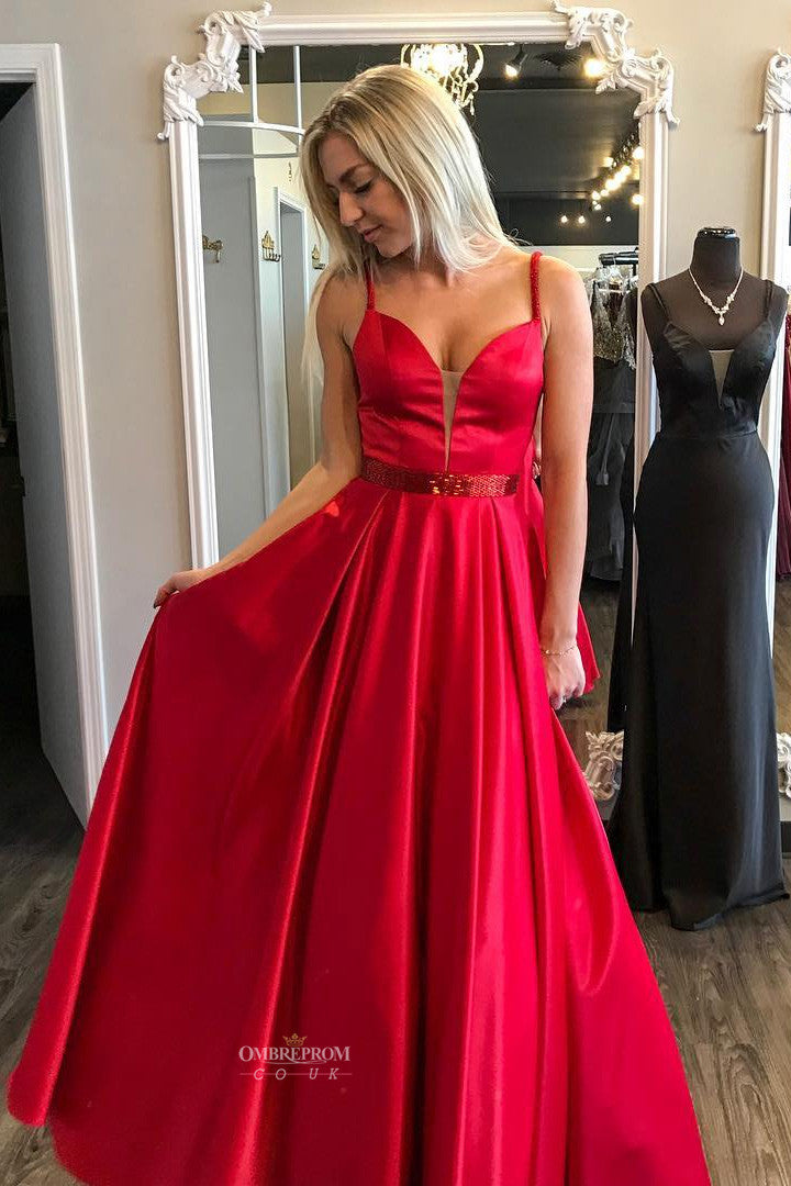 Red A-line Satin V-neck Long Prom Party Dresses With Beaded OP499