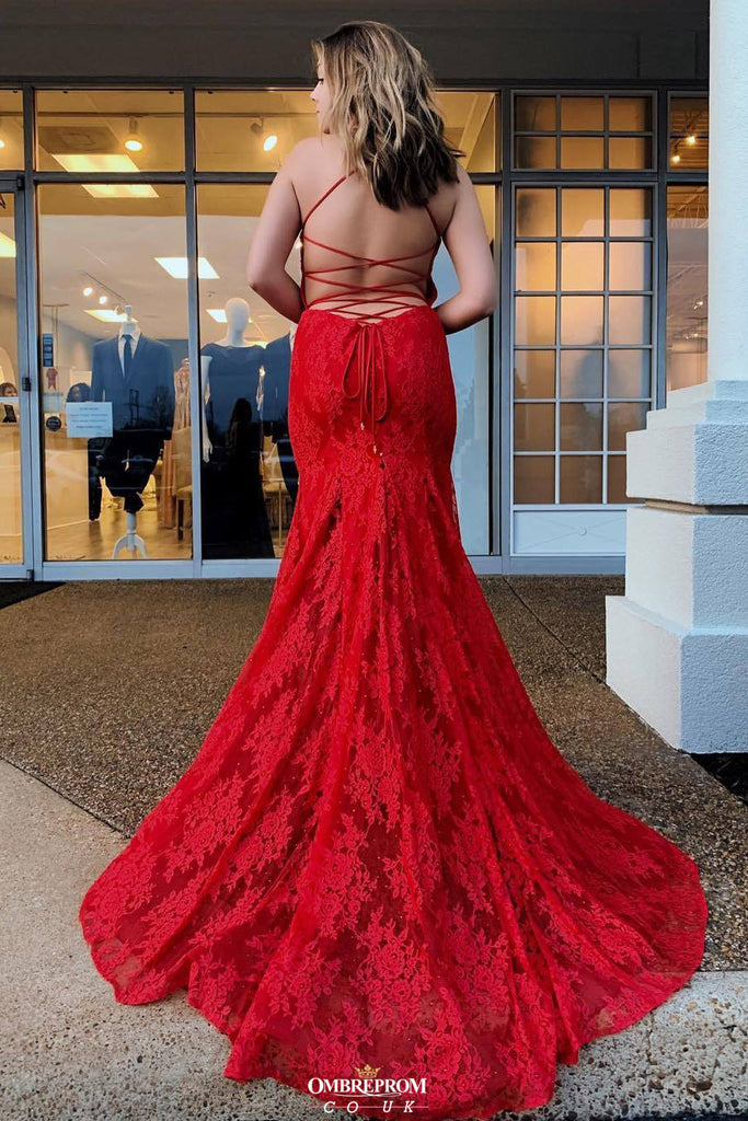 Mermaid Red V-Neck Spaghetti Backless Long Prom Dress Evening Dress