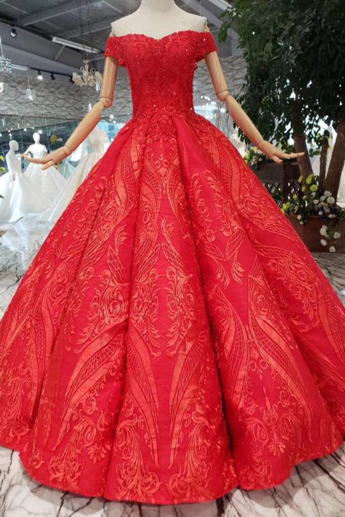 Red Ball Gown Off The Shoulder Appliques Beads Quinceanera Dress OP644