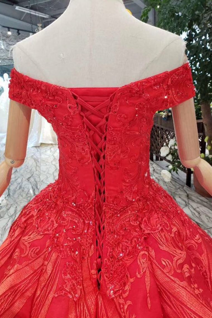 Red Ball Gown Off The Shoulder Appliques Beads Quinceanera Dress OP644