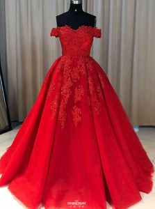 Red Ball Gown Tulle Off-the-shoulder Lace Appliques Long Prom Dress OP532