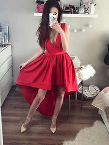 Red Sexy Asymmetrical Plunging Neck High Low Prom Dress Holiday Dress OM105