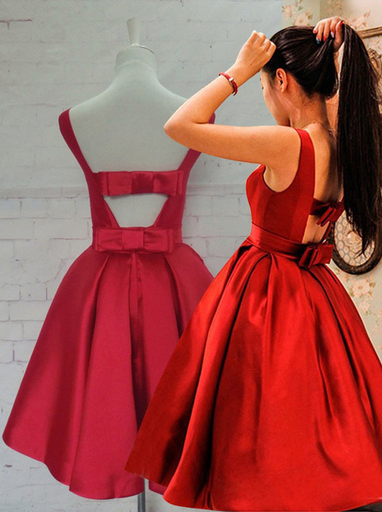 Red Bateau A-line Open Back Bowknot Homecoming Holiday Dress OP192