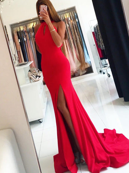 Mermaid Red Open Back Long Prom Dress Evening Dress With Split