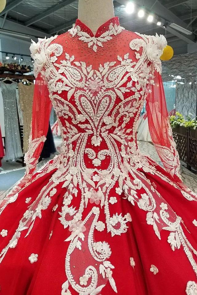 Red Quinceanera Dress Ball Gown Long Sleeves Applique Prom Dress OP437