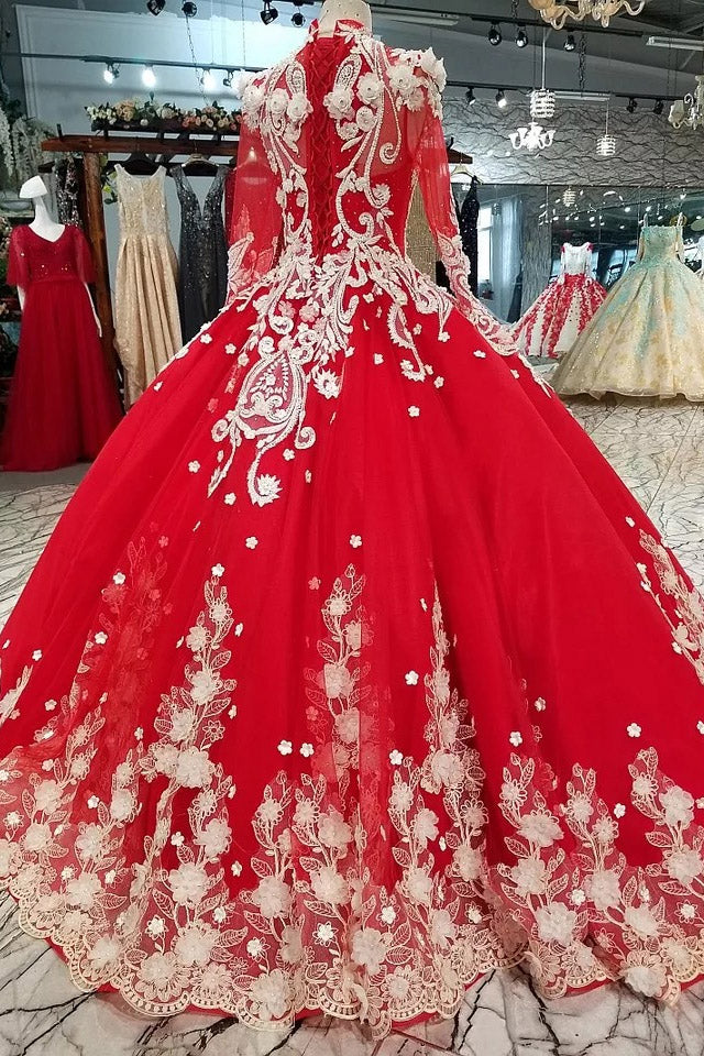 Red Quinceanera Dress Ball Gown Long Sleeves Applique Prom Dress OP437