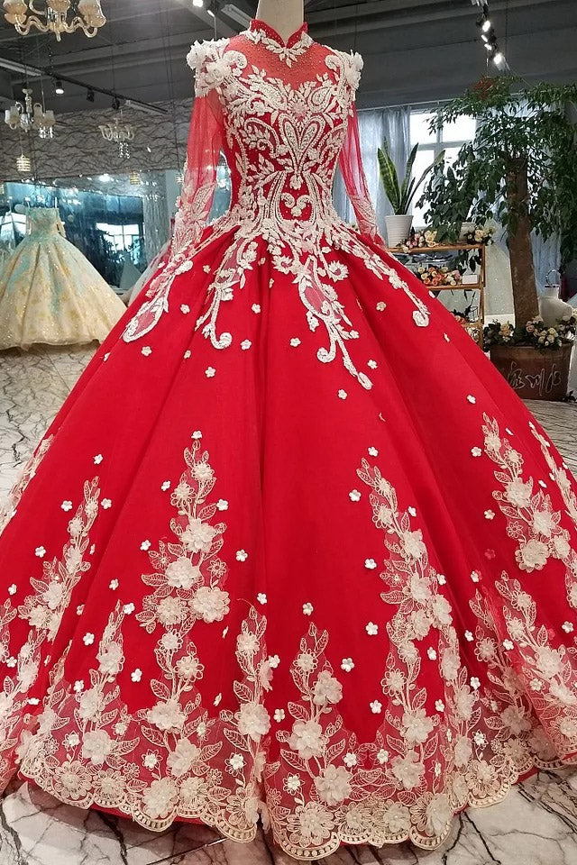 Red Quinceanera Dress Ball Gown Long Sleeves Applique Prom Dress OP437