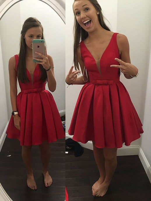 Red Satin V Neck Straps Short Prom Dress Homecoming Dress OP189