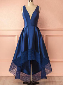 Royal Blue High Low Prom Dress Deep V-Neck With Lace Hem OP695
