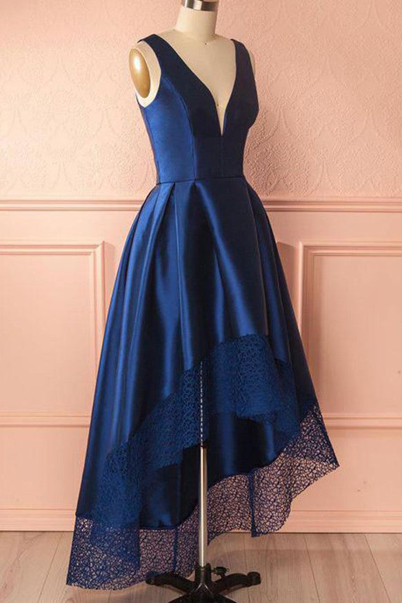 Royal Blue High Low Prom Dress Deep V-Neck With Lace Hem OP695