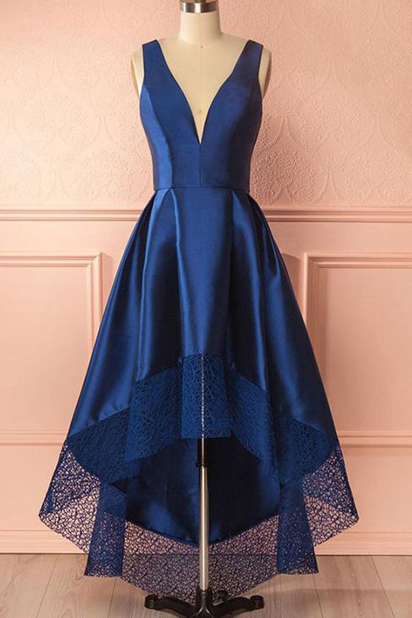 Royal Blue High Low Prom Dress Deep V-Neck With Lace Hem OP695