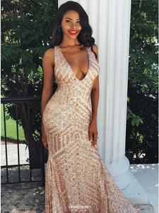Rose Gold Mermaid V-neck Backless Prom Dress With Sequins
