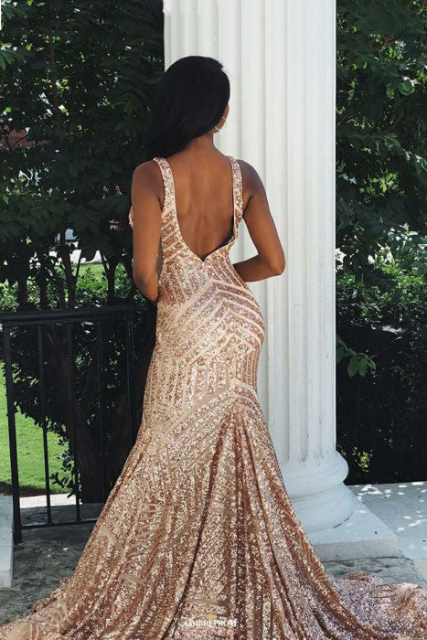 Rose Gold Mermaid V-neck Backless Prom Dress With Sequins
