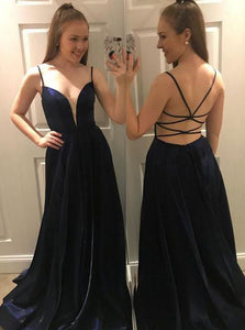 Sexy Dark Blue Spaghetti-straps Backless Long Prom Dress OP346